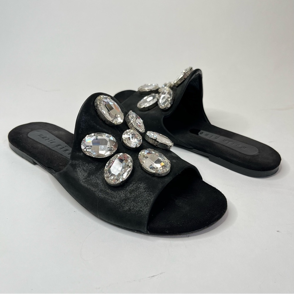 MARIA PINO Black Leather Glitter Glam Bejewelled Slip-on Peep-toe Sandal Flats